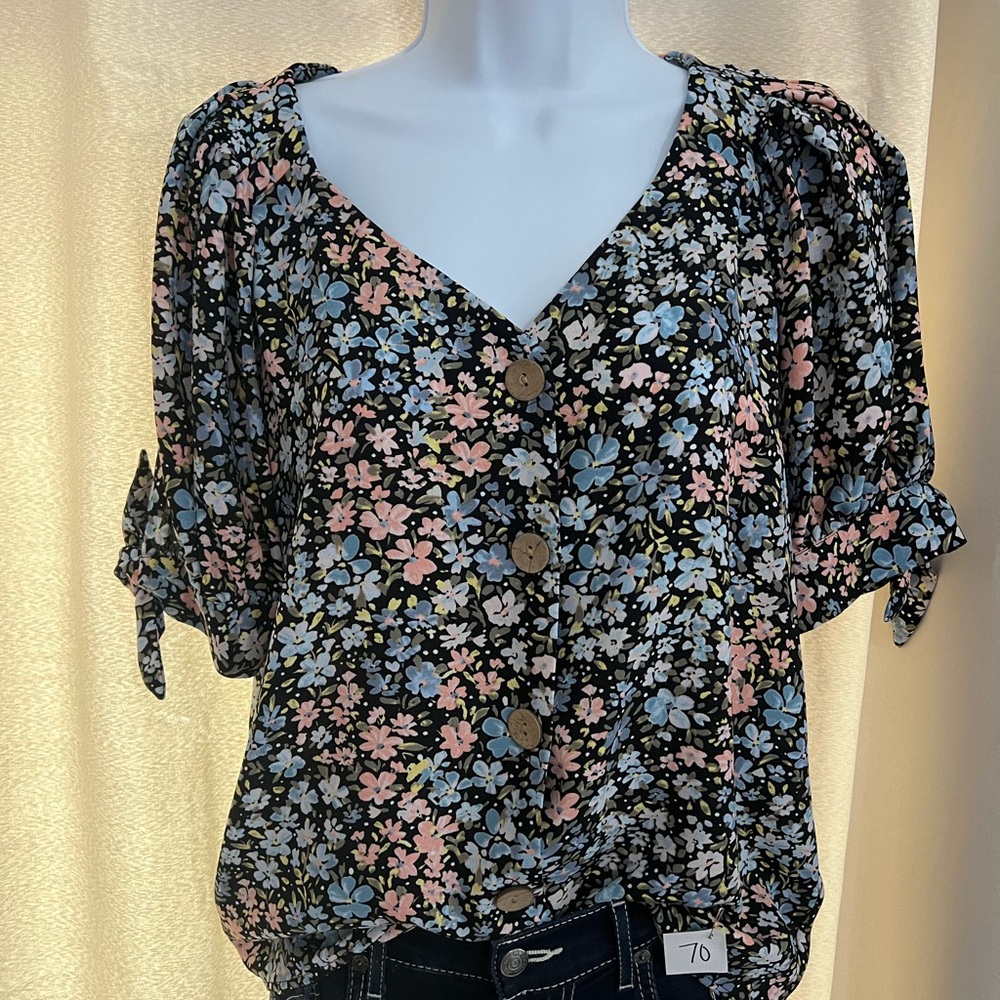 LC Lauren Conrad Floral Button-Up Blouse - Black, Pink, Blue